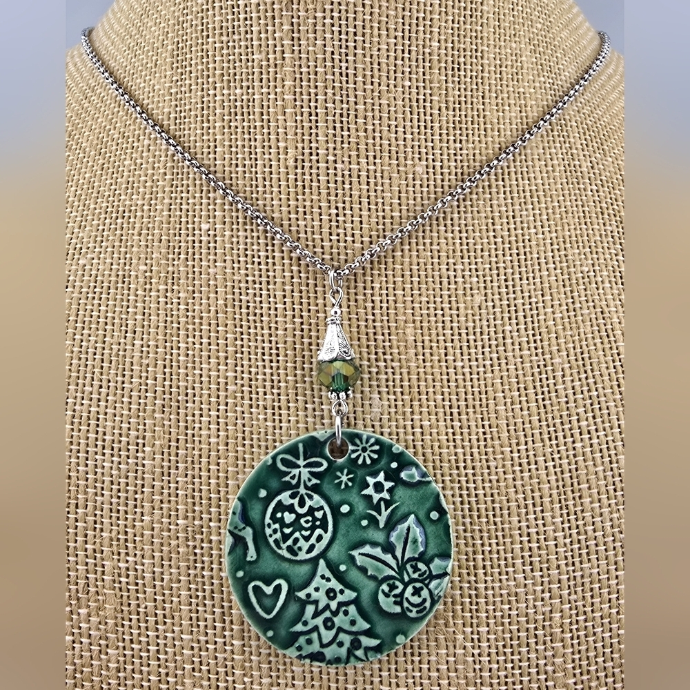 Handmade Kiln Fired Ceramic Green Christmas Pendant Necklace